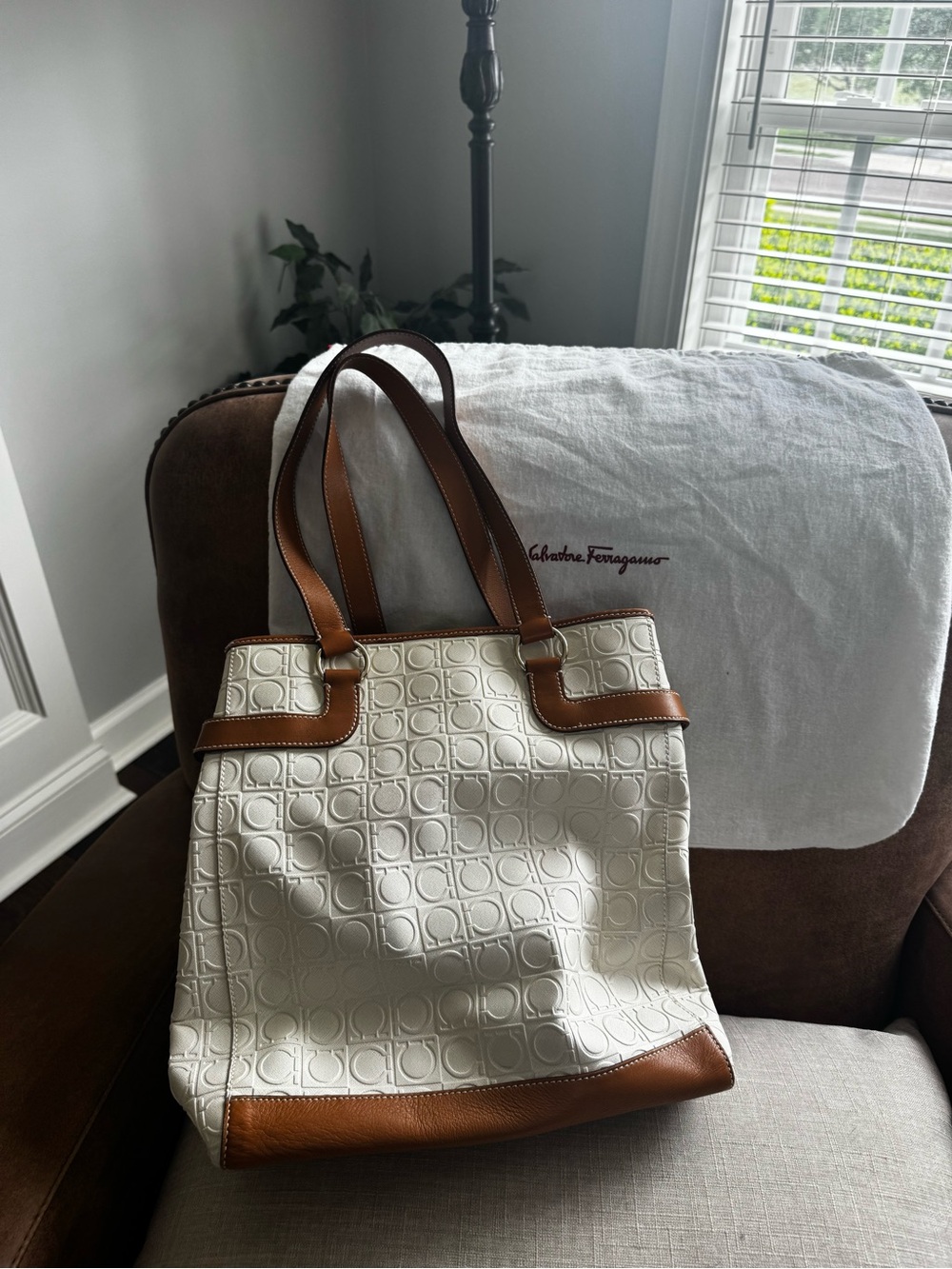 Salvatore Ferragamo Gancini Embossed Canvas & Leather Tote Bag, White/Tan - Picture 2 of 7